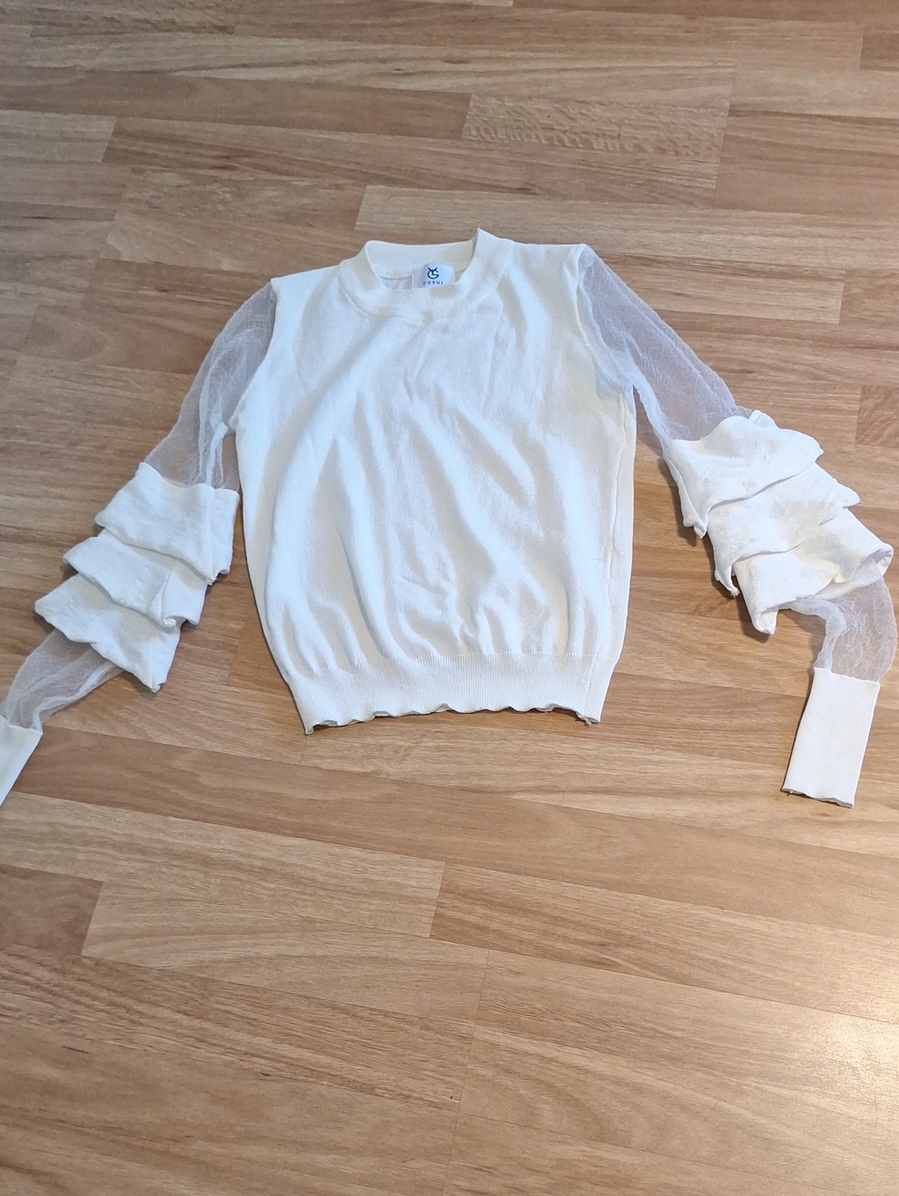 Crewneck Ruffle Mesh Sleeve Sweater - White
